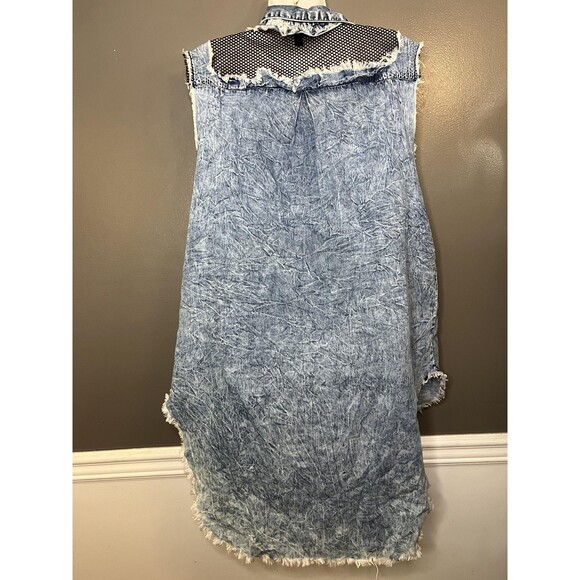 Thrill Jeans Shirt Dress Womens 1X Blue Denim Sleeveless Distressed Hi Low Mesh - Picture 5 of 10